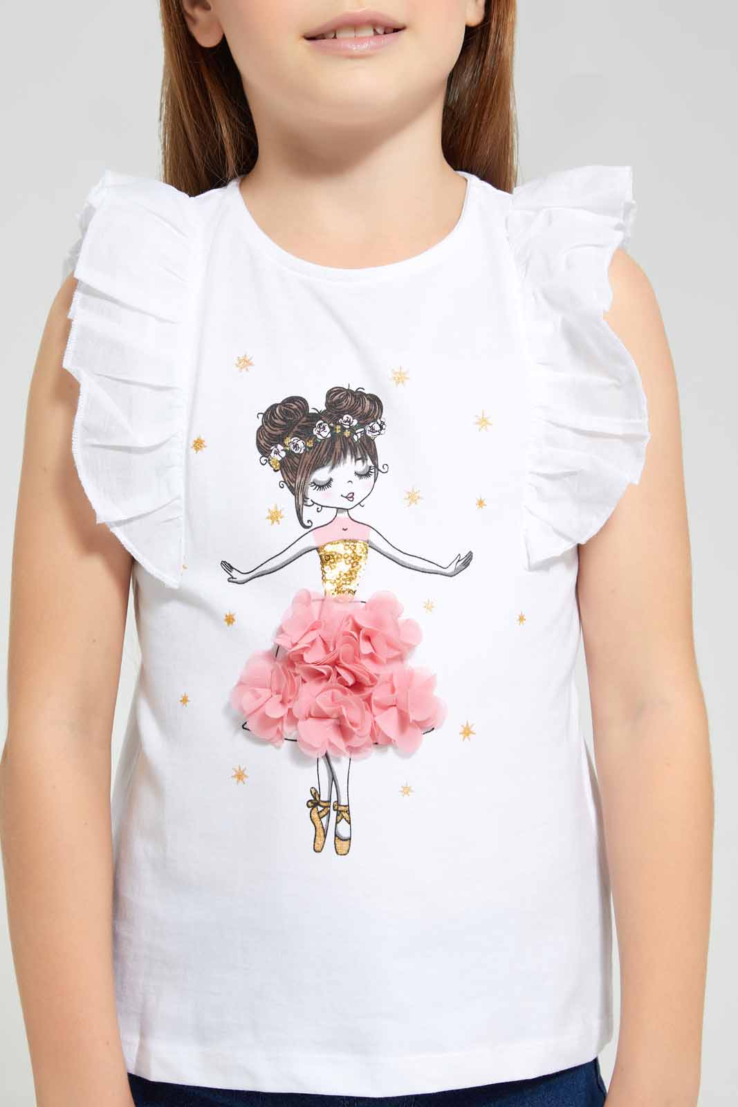 Redtag-White-Applique-Tee-With-Ruffle-Detail-Category:T-Shirts,-Colour:White,-Deals:New-In,-EID,-Filter:Girls-(2-to-8-Yrs),-GIR-T-Shirts,-New-In-GIR-APL,-Non-Sale,-Section:Girls-(0-to-14Yrs),-W22O-Girls-2 to 8 Years