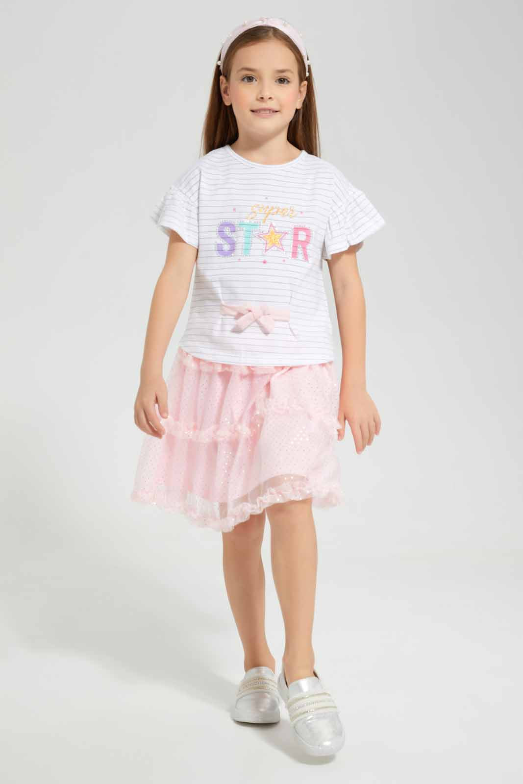 Redtag-White-Applique-Tee-With-Tulle-Skirt-Charcoal-Category:Sets,-Colour:White,-Deals:New-In,-EID,-Filter:Girls-(2-to-8-Yrs),-GIR-Sets,-New-In-GIR-APL,-Non-Sale,-Section:Girls-(0-to-14Yrs),-W22O-Girls-2 to 8 Years