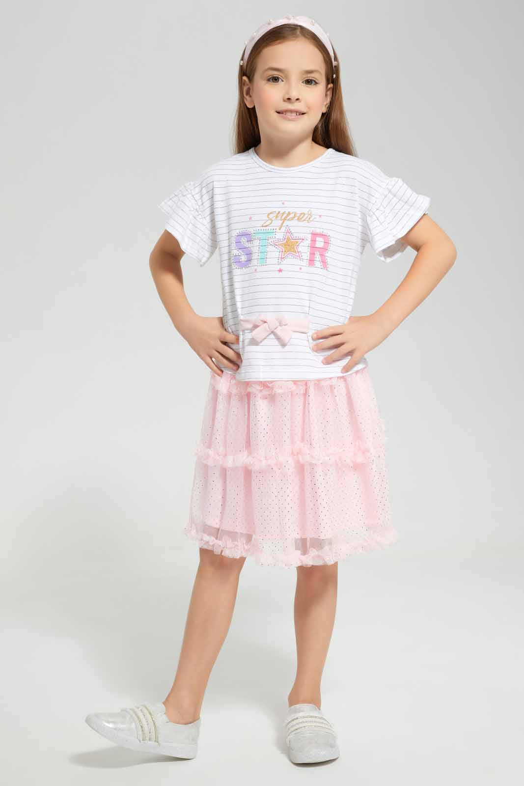 Redtag-White-Applique-Tee-With-Tulle-Skirt-Charcoal-Category:Sets,-Colour:White,-Deals:New-In,-EID,-Filter:Girls-(2-to-8-Yrs),-GIR-Sets,-New-In-GIR-APL,-Non-Sale,-Section:Girls-(0-to-14Yrs),-W22O-Girls-2 to 8 Years