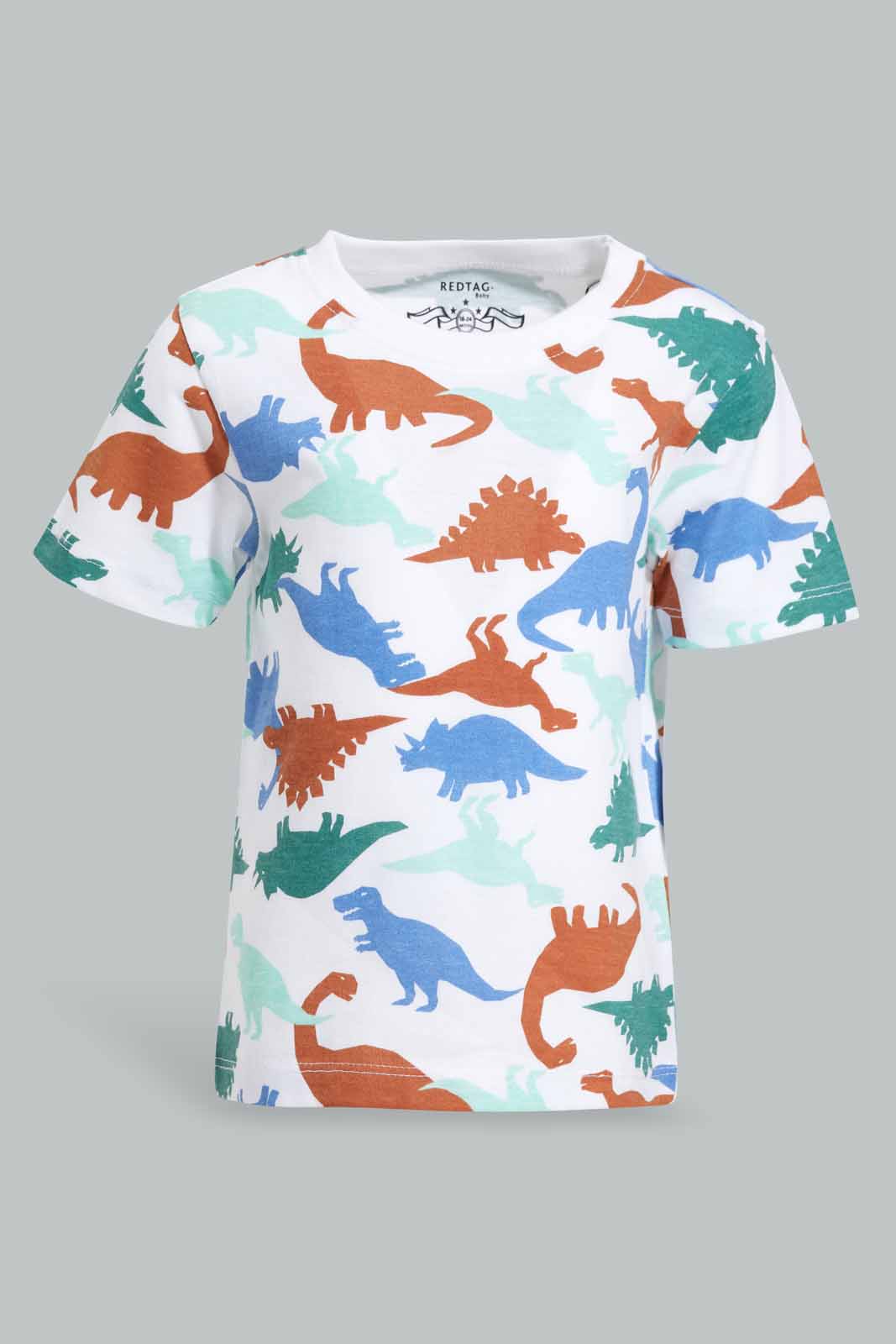 Redtag-White-Printed-Dino-Short-Slv-Tshirt-Category:T-Shirts,-Colour:White,-Deals:New-In,-Filter:Infant-Boys-(3-to-24-Mths),-INB-T-Shirts,-New-In-INB-APL,-Non-Sale,-Section:Boys-(0-to-14Yrs),-TBL,-W22O-Infant-Boys-3 to 24 Months