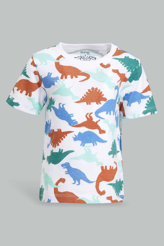 Redtag-White-Printed-Dino-Short-Slv-Tshirt-Category:T-Shirts,-Colour:White,-Deals:New-In,-Filter:Infant-Boys-(3-to-24-Mths),-INB-T-Shirts,-New-In-INB-APL,-Non-Sale,-Section:Boys-(0-to-14Yrs),-TBL,-W22O-Infant-Boys-3 to 24 Months