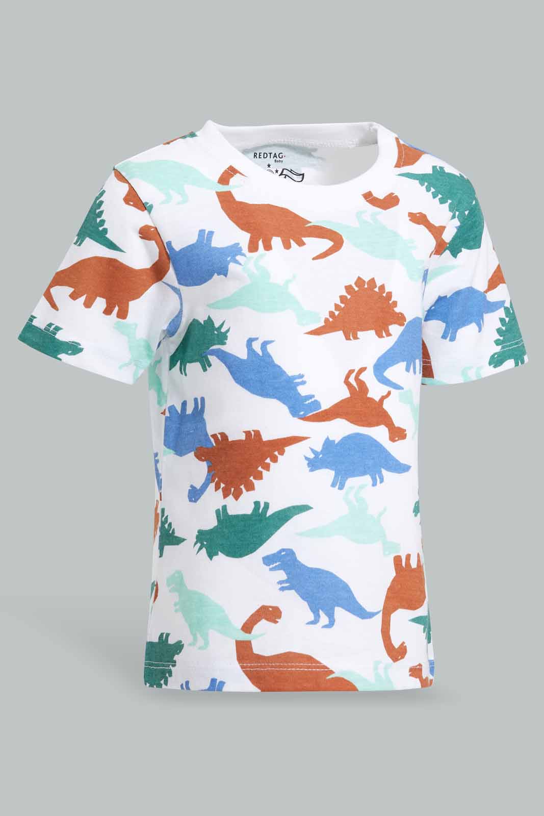 Redtag-White-Printed-Dino-Short-Slv-Tshirt-Category:T-Shirts,-Colour:White,-Deals:New-In,-Filter:Infant-Boys-(3-to-24-Mths),-INB-T-Shirts,-New-In-INB-APL,-Non-Sale,-Section:Boys-(0-to-14Yrs),-TBL,-W22O-Infant-Boys-3 to 24 Months