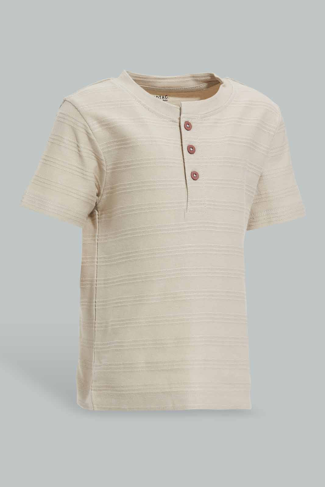 Redtag-Stone-Jacquard-T-Shirt-Category:T-Shirts,-Colour:Beige,-Deals:New-In,-Filter:Infant-Boys-(3-to-24-Mths),-INB-T-Shirts,-New-In-INB-APL,-Non-Sale,-Section:Boys-(0-to-14Yrs),-TBL,-W22O-Infant-Boys-3 to 24 Months
