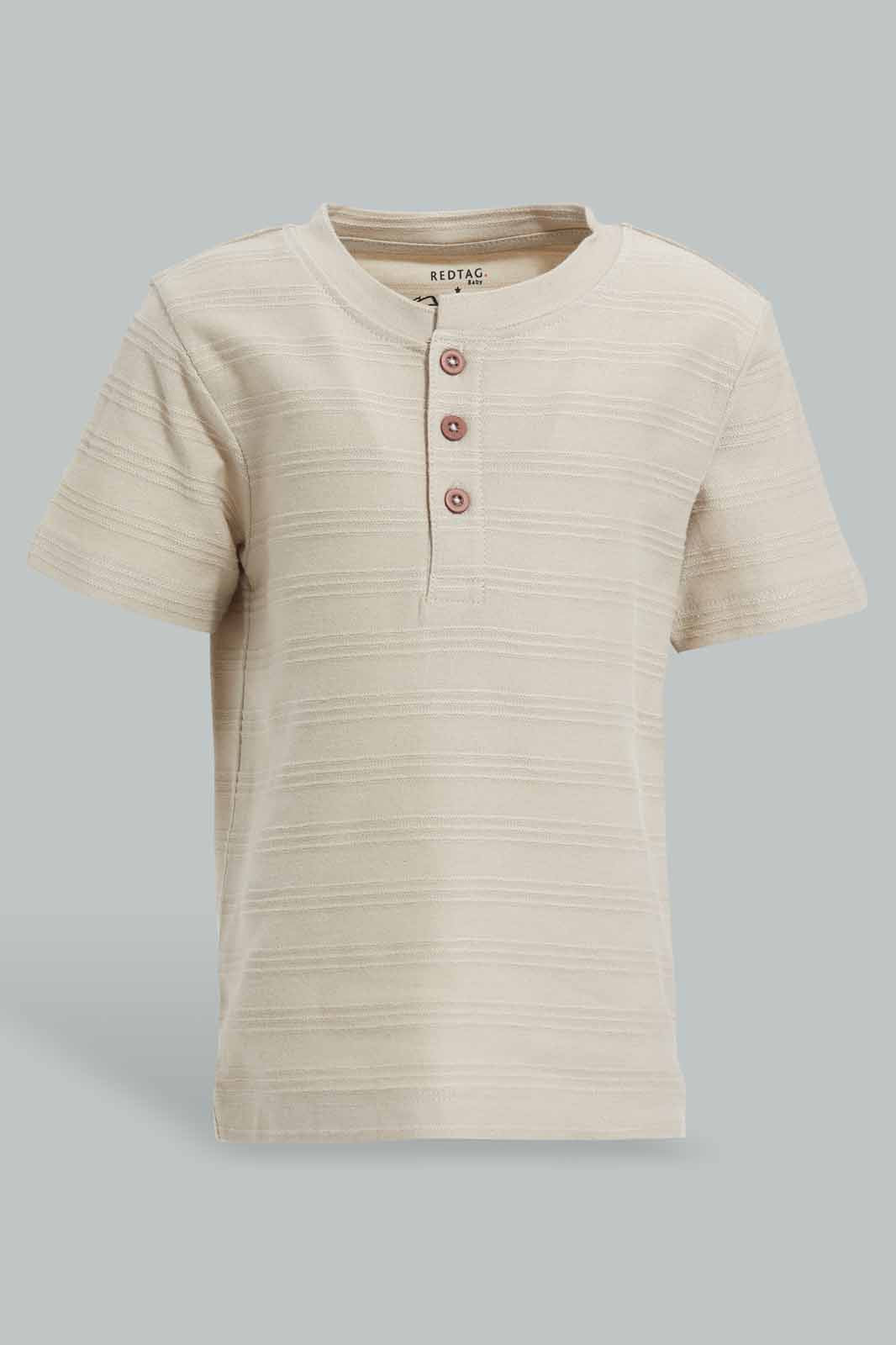 Redtag-Stone-Jacquard-T-Shirt-Category:T-Shirts,-Colour:Beige,-Deals:New-In,-Filter:Infant-Boys-(3-to-24-Mths),-INB-T-Shirts,-New-In-INB-APL,-Non-Sale,-Section:Boys-(0-to-14Yrs),-TBL,-W22O-Infant-Boys-3 to 24 Months
