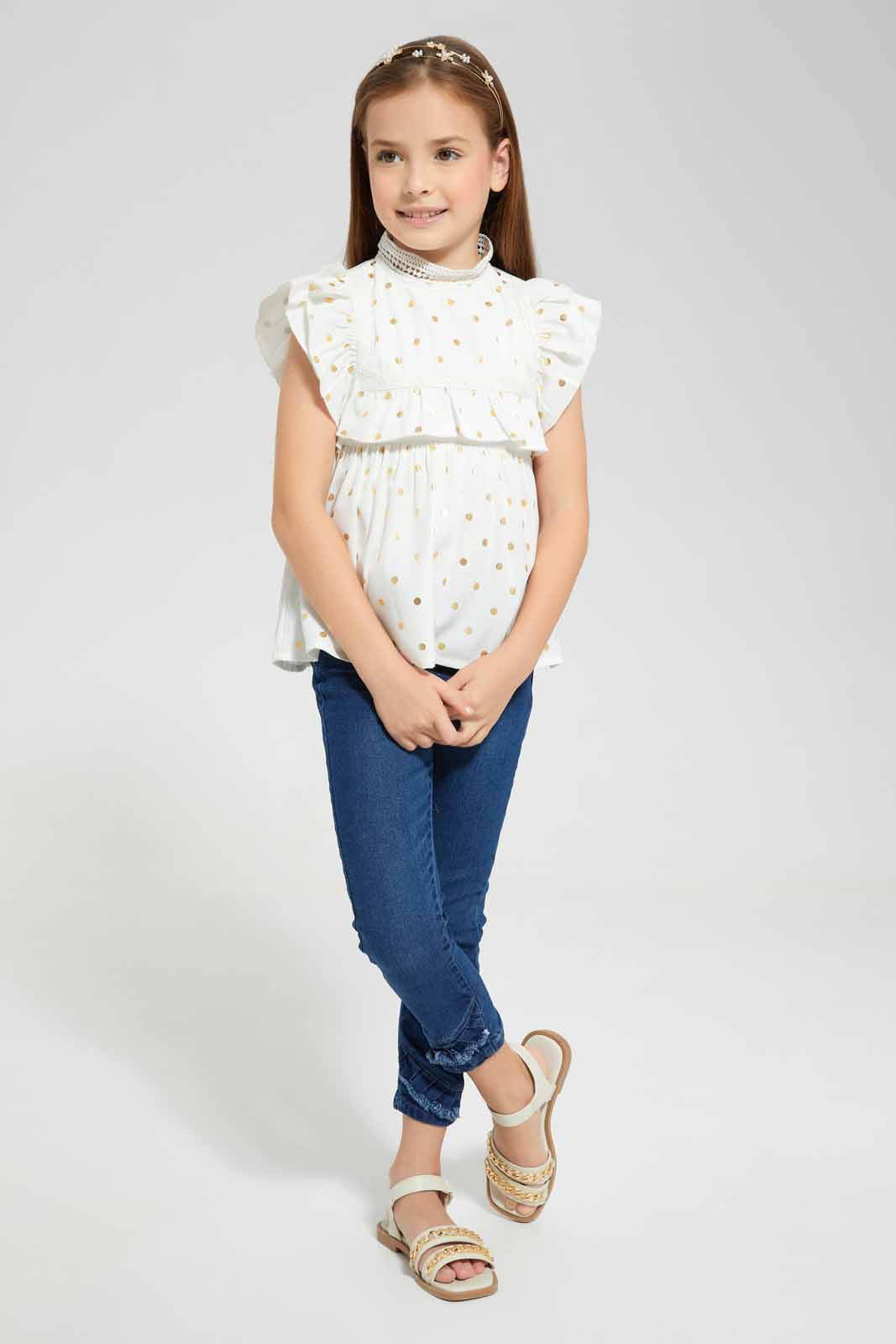 Redtag-White-Foil-Ruffle-Blouse-Category:Blouses,-Colour:White,-Deals:New-In,-EID,-Filter:Girls-(2-to-8-Yrs),-GIR-Blouses,-New-In-GIR-APL,-Non-Sale,-Section:Girls-(0-to-14Yrs),-W22O-Girls-2 to 8 Years