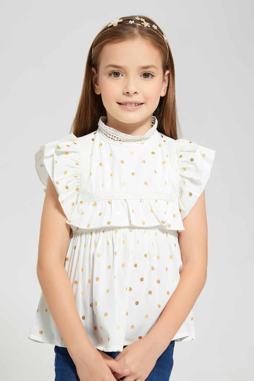 Redtag-White-Foil-Ruffle-Blouse-Category:Blouses,-Colour:White,-Deals:New-In,-EID,-Filter:Girls-(2-to-8-Yrs),-GIR-Blouses,-New-In-GIR-APL,-Non-Sale,-Section:Girls-(0-to-14Yrs),-W22O-Girls-2 to 8 Years