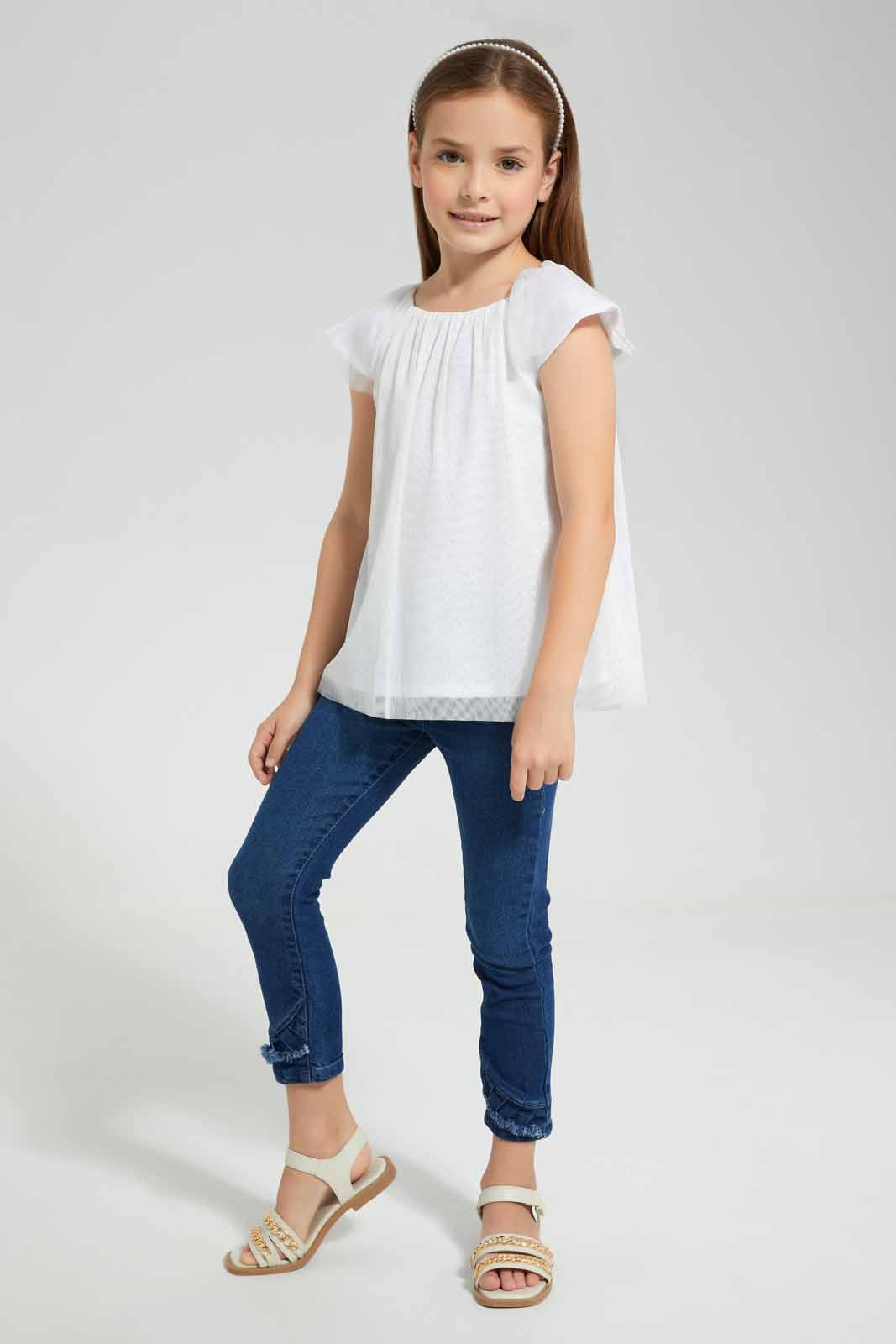 Redtag-White-Glitter-Tulle-Blouse-Category:Blouses,-Colour:White,-Deals:New-In,-EID,-Filter:Girls-(2-to-8-Yrs),-GIR-Blouses,-New-In-GIR-APL,-Non-Sale,-Section:Girls-(0-to-14Yrs),-W22O-Girls-2 to 8 Years