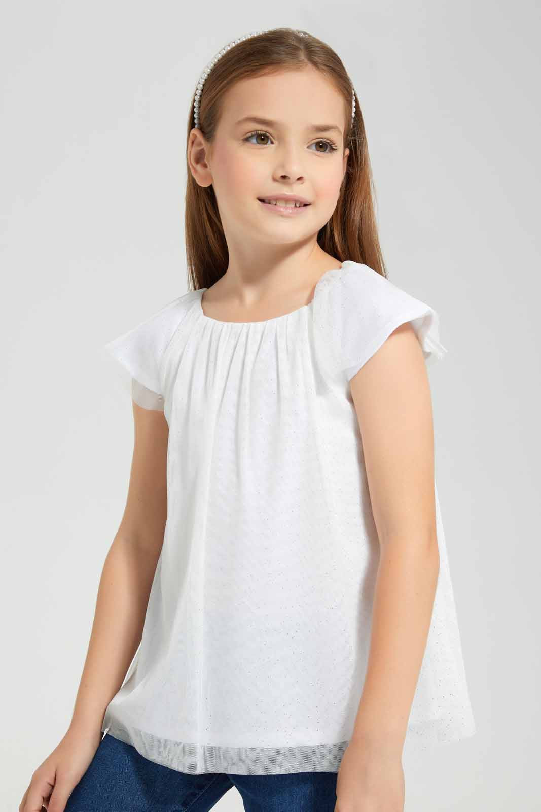 Redtag-White-Glitter-Tulle-Blouse-Category:Blouses,-Colour:White,-Deals:New-In,-EID,-Filter:Girls-(2-to-8-Yrs),-GIR-Blouses,-New-In-GIR-APL,-Non-Sale,-Section:Girls-(0-to-14Yrs),-W22O-Girls-2 to 8 Years