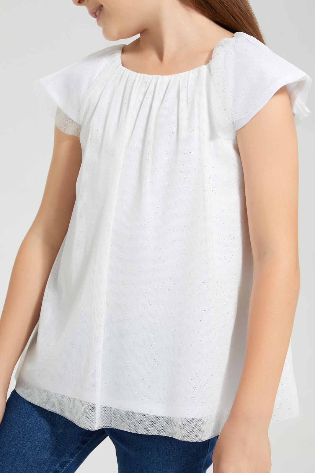 Redtag-White-Glitter-Tulle-Blouse-Category:Blouses,-Colour:White,-Deals:New-In,-EID,-Filter:Girls-(2-to-8-Yrs),-GIR-Blouses,-New-In-GIR-APL,-Non-Sale,-Section:Girls-(0-to-14Yrs),-W22O-Girls-2 to 8 Years