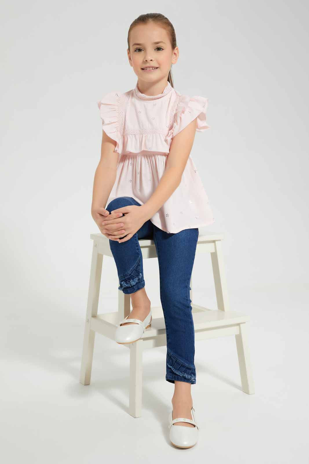 Redtag-Pink-Foil-Ruffle-Blouse-Category:Blouses,-Colour:Apricot,-Deals:New-In,-EID,-Filter:Girls-(2-to-8-Yrs),-GIR-Blouses,-New-In-GIR-APL,-Non-Sale,-Section:Girls-(0-to-14Yrs),-W22O-Girls-2 to 8 Years