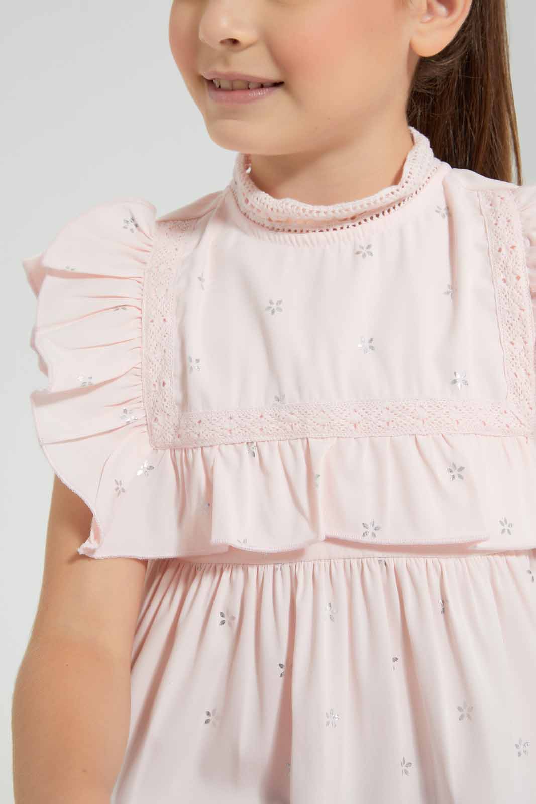 Redtag-Pink-Foil-Ruffle-Blouse-Category:Blouses,-Colour:Apricot,-Deals:New-In,-EID,-Filter:Girls-(2-to-8-Yrs),-GIR-Blouses,-New-In-GIR-APL,-Non-Sale,-Section:Girls-(0-to-14Yrs),-W22O-Girls-2 to 8 Years