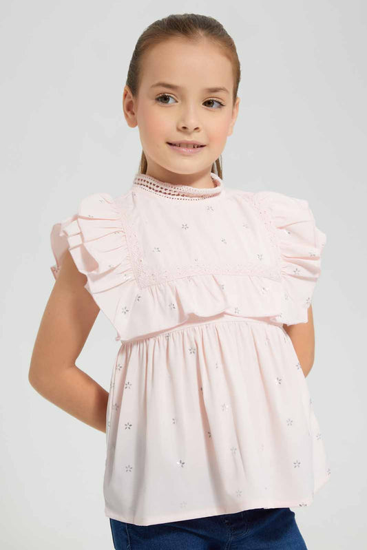 Redtag-Pink-Foil-Ruffle-Blouse-Category:Blouses,-Colour:Apricot,-Deals:New-In,-EID,-Filter:Girls-(2-to-8-Yrs),-GIR-Blouses,-New-In-GIR-APL,-Non-Sale,-Section:Girls-(0-to-14Yrs),-W22O-Girls-2 to 8 Years