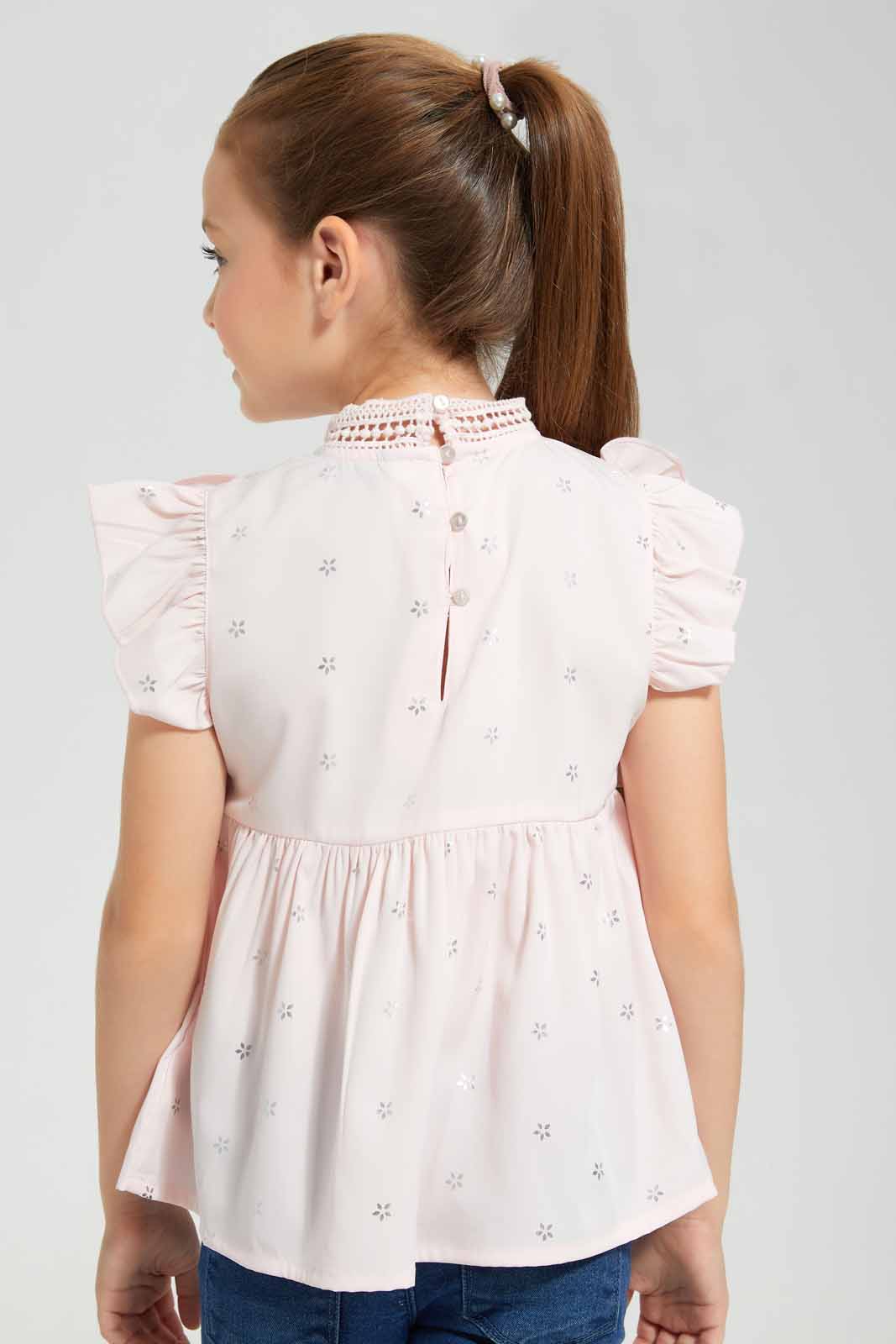 Redtag-Pink-Foil-Ruffle-Blouse-Category:Blouses,-Colour:Apricot,-Deals:New-In,-EID,-Filter:Girls-(2-to-8-Yrs),-GIR-Blouses,-New-In-GIR-APL,-Non-Sale,-Section:Girls-(0-to-14Yrs),-W22O-Girls-2 to 8 Years