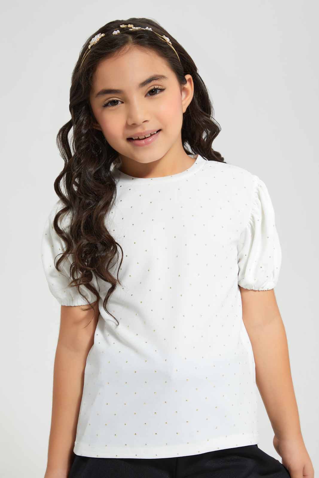 Redtag-White-Crepe-Giltter-Puff-Sleeve-Blouse-Category:Blouses,-Colour:White,-Deals:New-In,-EID,-Filter:Girls-(2-to-8-Yrs),-GIR-Blouses,-New-In-GIR,-Non-Sale,-Section:Girls-(0-to-14Yrs),-W22O-Girls-2 to 8 Years