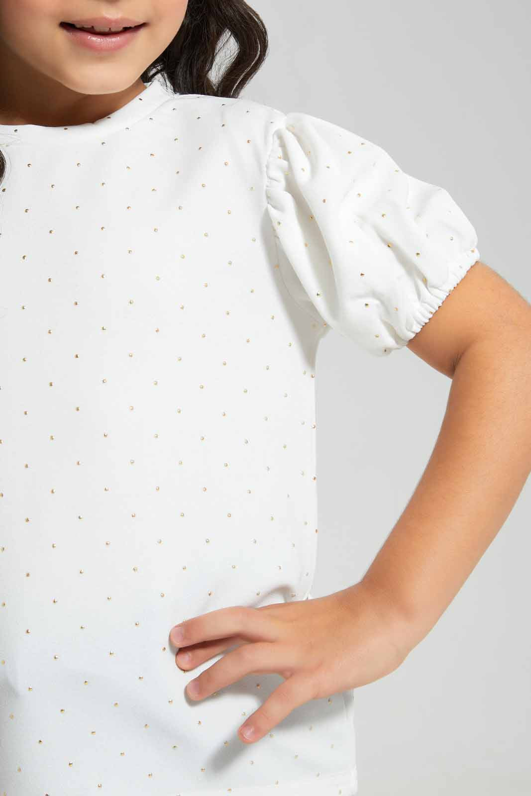Redtag-White-Crepe-Giltter-Puff-Sleeve-Blouse-Category:Blouses,-Colour:White,-Deals:New-In,-EID,-Filter:Girls-(2-to-8-Yrs),-GIR-Blouses,-New-In-GIR,-Non-Sale,-Section:Girls-(0-to-14Yrs),-W22O-Girls-2 to 8 Years