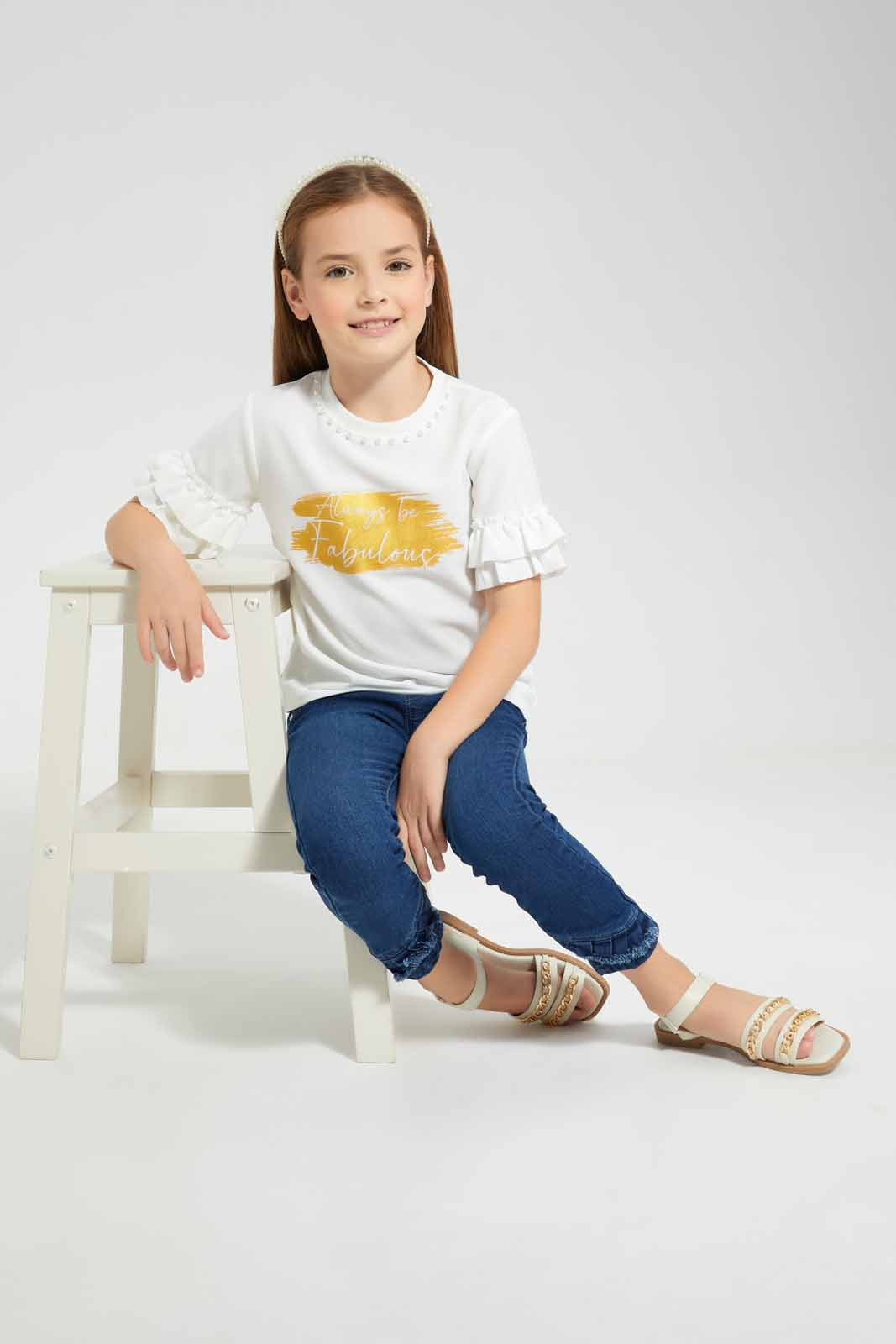 Redtag-Cream-Ruffle-Sleeve-Crepe-Blouse-Category:Blouses,-Colour:Cream,-Deals:New-In,-EID,-Filter:Girls-(2-to-8-Yrs),-GIR-Blouses,-New-In-GIR-APL,-Non-Sale,-Section:Girls-(0-to-14Yrs),-W22O-Girls-2 to 8 Years
