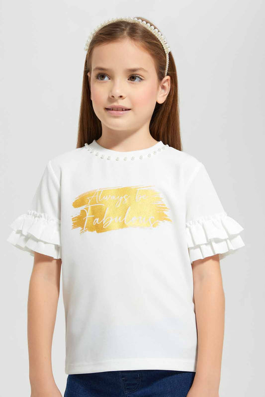 Redtag-Cream-Ruffle-Sleeve-Crepe-Blouse-Category:Blouses,-Colour:Cream,-Deals:New-In,-EID,-Filter:Girls-(2-to-8-Yrs),-GIR-Blouses,-New-In-GIR-APL,-Non-Sale,-Section:Girls-(0-to-14Yrs),-W22O-Girls-2 to 8 Years