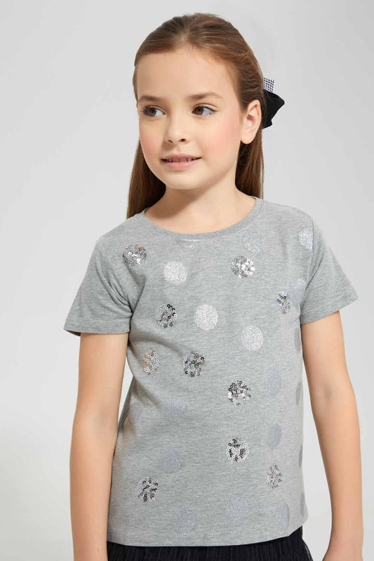 Redtag-Grey-Glitter-Spot-T-Shirt-Category:T-Shirts,-Colour:Grey,-Deals:New-In,-Festive,-Filter:Girls-(2-to-8-Yrs),-GIR-T-Shirts,-New-In-GIR-APL,-Non-Sale,-Section:Girls-(0-to-14Yrs),-W22O-Girls-2 to 8 Years