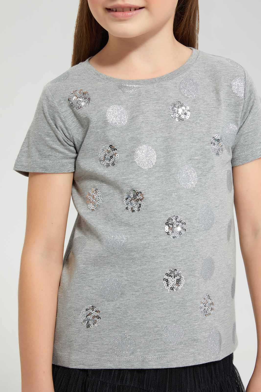 Redtag-Grey-Glitter-Spot-T-Shirt-Category:T-Shirts,-Colour:Grey,-Deals:New-In,-Festive,-Filter:Girls-(2-to-8-Yrs),-GIR-T-Shirts,-New-In-GIR-APL,-Non-Sale,-Section:Girls-(0-to-14Yrs),-W22O-Girls-2 to 8 Years