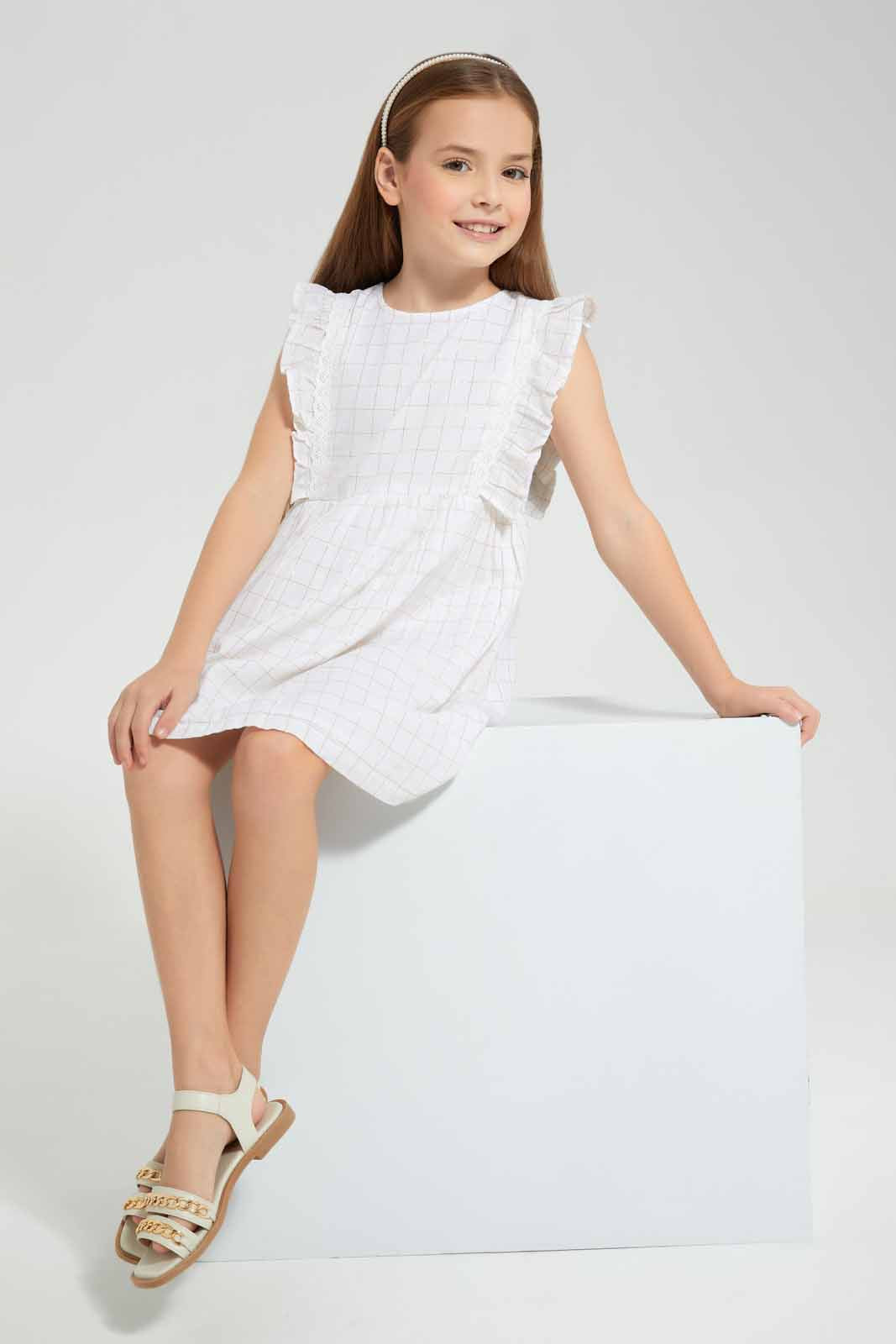 Redtag-White-Woven-Lurex-Check-Dress-Category:Dresses,-Colour:White,-Deals:New-In,-EID,-Filter:Girls-(2-to-8-Yrs),-GIR-Dresses,-New-In-GIR-APL,-Non-Sale,-Section:Girls-(0-to-14Yrs),-W22O-Girls-2 to 8 Years