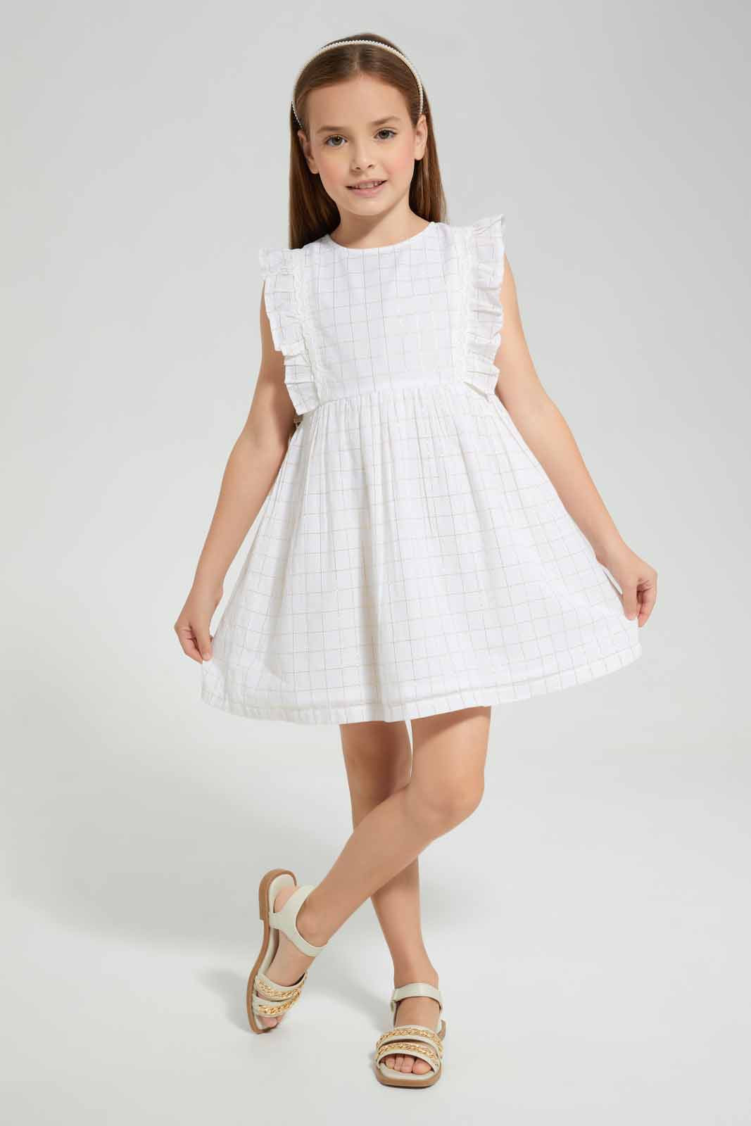 Redtag-White-Woven-Lurex-Check-Dress-Category:Dresses,-Colour:White,-Deals:New-In,-EID,-Filter:Girls-(2-to-8-Yrs),-GIR-Dresses,-New-In-GIR-APL,-Non-Sale,-Section:Girls-(0-to-14Yrs),-W22O-Girls-2 to 8 Years
