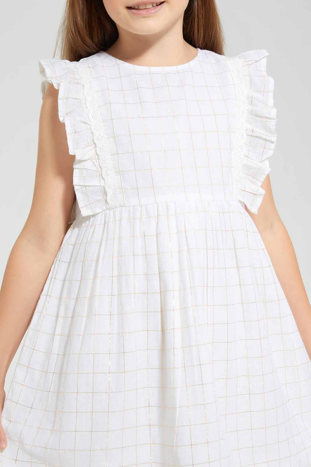 Redtag-White-Woven-Lurex-Check-Dress-Category:Dresses,-Colour:White,-Deals:New-In,-EID,-Filter:Girls-(2-to-8-Yrs),-GIR-Dresses,-New-In-GIR-APL,-Non-Sale,-Section:Girls-(0-to-14Yrs),-W22O-Girls-2 to 8 Years