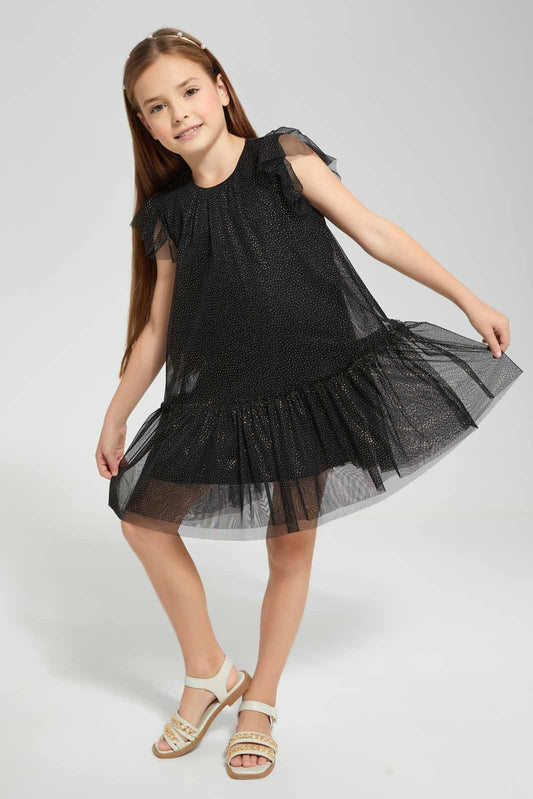 Redtag-Black-Glitter-Tulle-Dress-Category:Dresses,-Colour:Black,-Deals:New-In,-EID,-Filter:Girls-(2-to-8-Yrs),-GIR-Dresses,-New-In-GIR-APL,-Non-Sale,-Section:Girls-(0-to-14Yrs),-W22O-Girls-2 to 8 Years