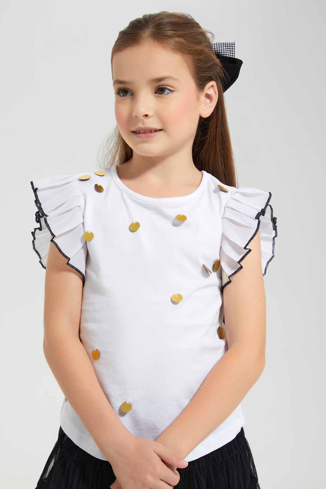 Redtag-White-SJ-Tee-With-Gold/Black-Applique-Category:Blouses,-Colour:White,-Deals:New-In,-EID,-Filter:Girls-(2-to-8-Yrs),-GIR-Blouses,-New-In-GIR-APL,-Non-Sale,-Section:Girls-(0-to-14Yrs),-W22O-Girls-2 to 8 Years