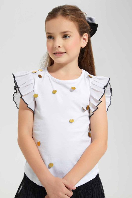 Redtag-White-SJ-Tee-With-Gold/Black-Applique-Category:Blouses,-Colour:White,-Deals:New-In,-EID,-Filter:Girls-(2-to-8-Yrs),-GIR-Blouses,-New-In-GIR-APL,-Non-Sale,-Section:Girls-(0-to-14Yrs),-W22O-Girls-2 to 8 Years