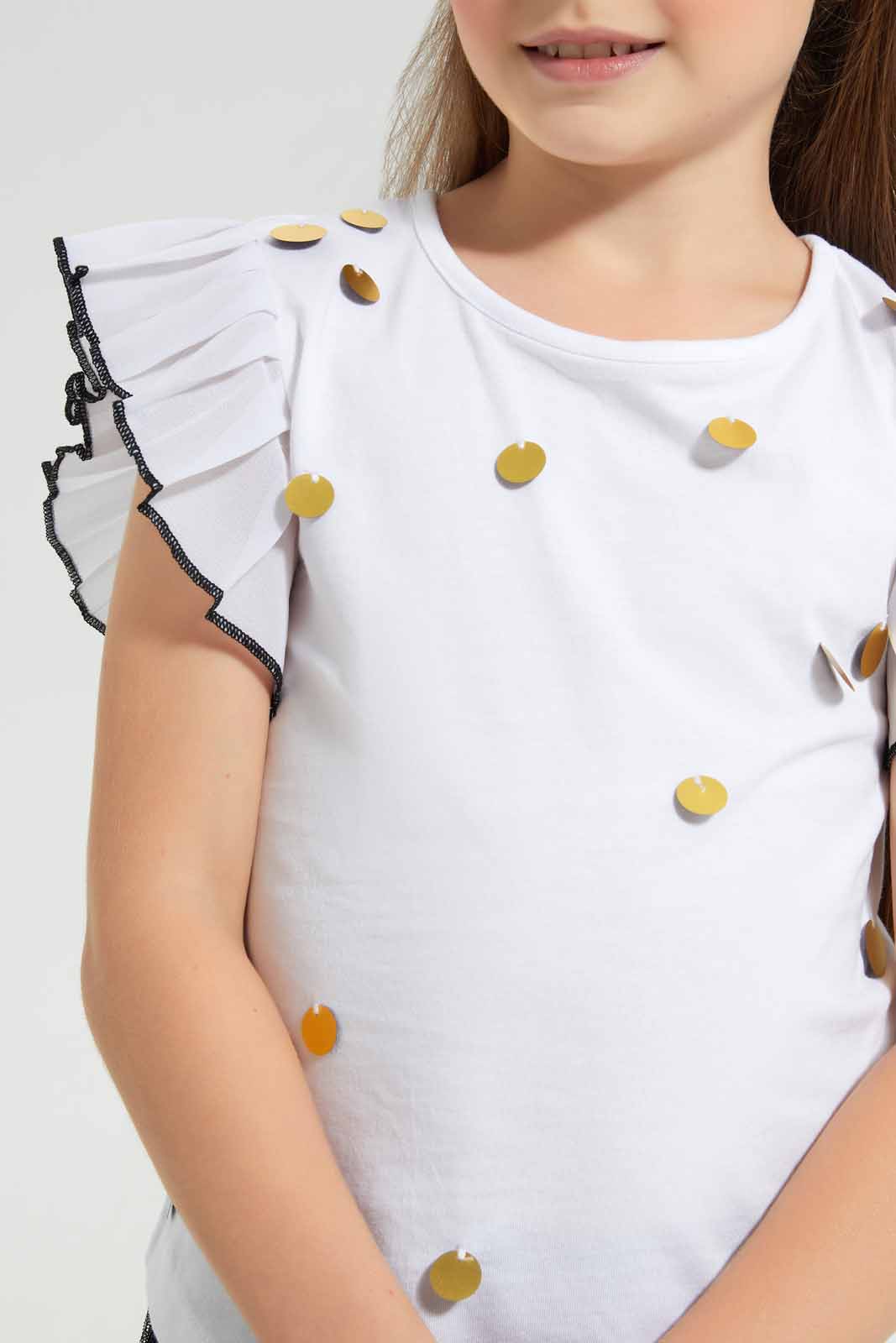 Redtag-White-SJ-Tee-With-Gold/Black-Applique-Category:Blouses,-Colour:White,-Deals:New-In,-EID,-Filter:Girls-(2-to-8-Yrs),-GIR-Blouses,-New-In-GIR-APL,-Non-Sale,-Section:Girls-(0-to-14Yrs),-W22O-Girls-2 to 8 Years