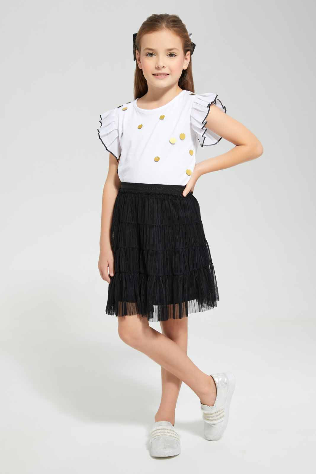 Redtag-White-SJ-Tee-With-Gold/Black-Applique-Category:Blouses,-Colour:White,-Deals:New-In,-EID,-Filter:Girls-(2-to-8-Yrs),-GIR-Blouses,-New-In-GIR-APL,-Non-Sale,-Section:Girls-(0-to-14Yrs),-W22O-Girls-2 to 8 Years