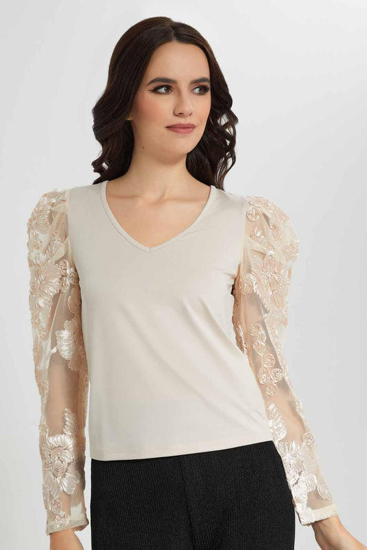 Redtag-Beige-Textured-Sleeve-Top-Category:Blouses,-Colour:Beige,-Deals:New-In,-EID,-Filter:Women's-Clothing,-New-In-Women-APL,-Non-Sale,-Section:Women,-W22O,-Women-Blouses-Women's-