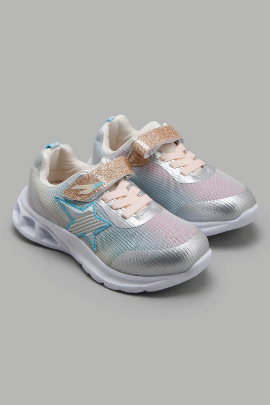 Redtag-Sliver-Star-Trim-Sneakers-Category:Trainers,-Colour:Silver,-Deals:New-In,-Filter:Girls-Footwear-(3-to-5-Yrs),-GIR-Trainers,-New-In-GIR-FOO,-Non-Sale,-Section:Girls-(0-to-14Yrs),-W22A-Girls-3 to 5 Years