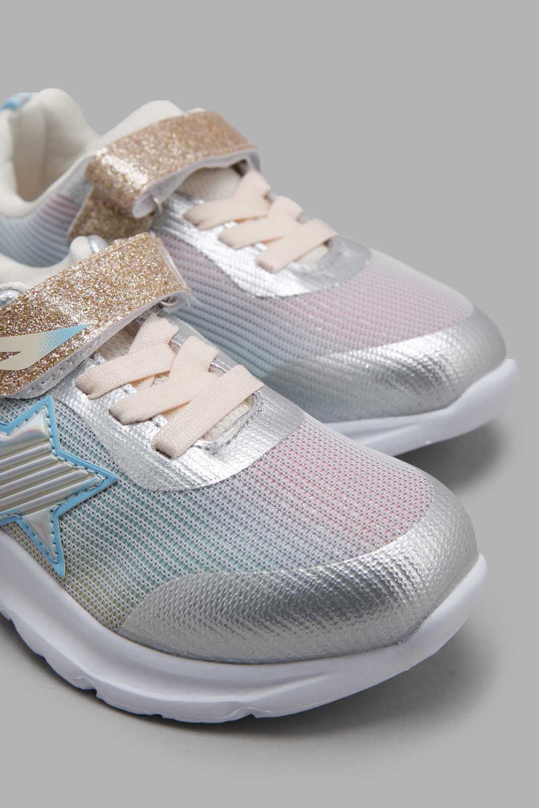 Redtag-Sliver-Star-Trim-Sneakers-Category:Trainers,-Colour:Silver,-Deals:New-In,-Filter:Girls-Footwear-(3-to-5-Yrs),-GIR-Trainers,-New-In-GIR-FOO,-Non-Sale,-Section:Girls-(0-to-14Yrs),-W22A-Girls-3 to 5 Years