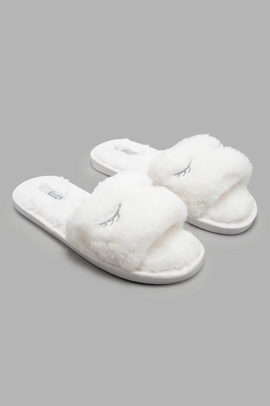 Redtag-White-Slipper-With-Eyelash-Embroidery-Category:Slippers,-CHR,-Colour:White,-Deals:New-In,-Filter:Women's-Footwear,-New-In-Women-FOO,-Non-Sale,-Section:Women,-W22A,-Women-Slippers-Women's-