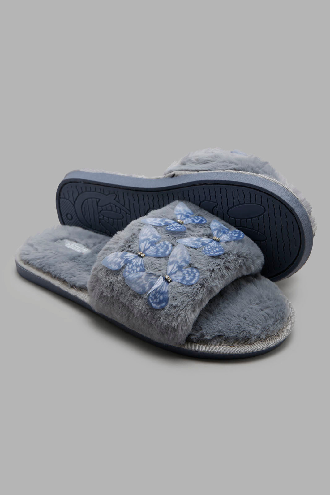 Redtag-Grey-Bytterfly-Trim-Slipper-Category:Slippers,-CHR,-Colour:Grey,-Deals:New-In,-Filter:Women's-Footwear,-New-In-Women-FOO,-Non-Sale,-Section:Women,-W22A,-Women-Slippers-Women's-