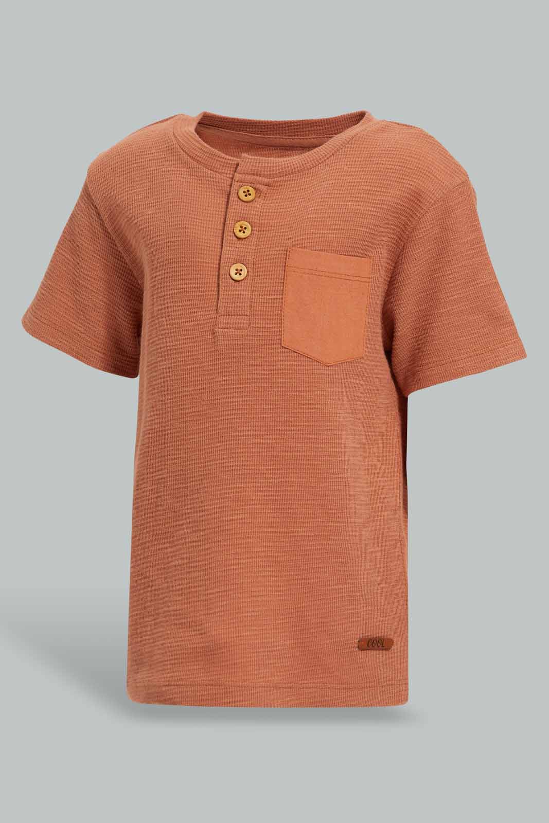 Redtag-Rust-Jacquard-Short-Slv-Henley-T-Shirt-Category:T-Shirts,-Colour:Orange,-Deals:New-In,-Filter:Infant-Boys-(3-to-24-Mths),-INB-T-Shirts,-New-In-INB,-Non-Sale,-Section:Boys-(0-to-14Yrs),-W22O-Infant-Boys-3 to 24 Months