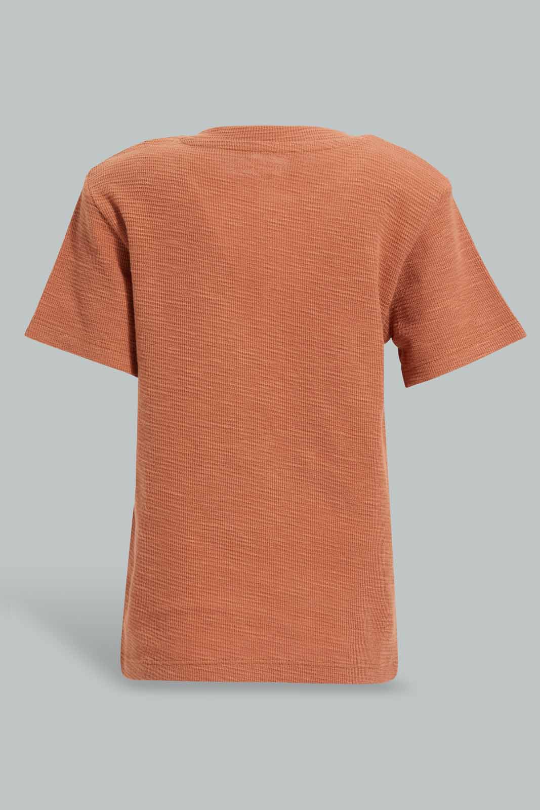 Redtag-Rust-Jacquard-Short-Slv-Henley-T-Shirt-Category:T-Shirts,-Colour:Orange,-Deals:New-In,-Filter:Infant-Boys-(3-to-24-Mths),-INB-T-Shirts,-New-In-INB,-Non-Sale,-Section:Boys-(0-to-14Yrs),-W22O-Infant-Boys-3 to 24 Months