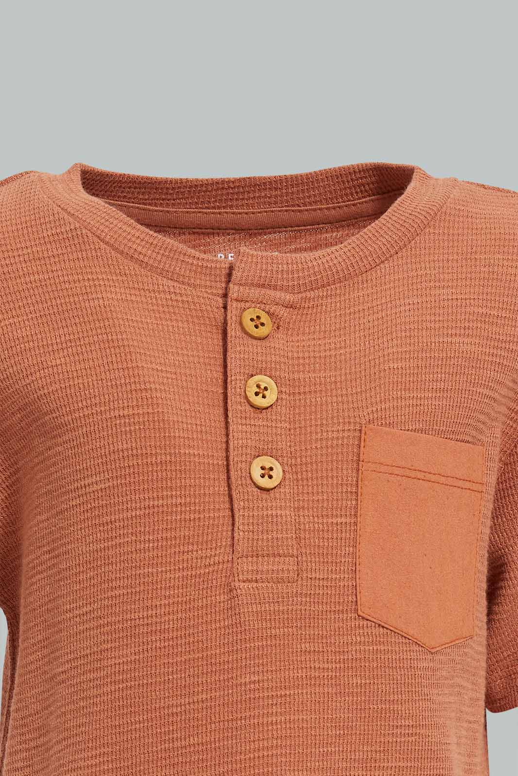 Redtag-Rust-Jacquard-Short-Slv-Henley-T-Shirt-Category:T-Shirts,-Colour:Orange,-Deals:New-In,-Filter:Infant-Boys-(3-to-24-Mths),-INB-T-Shirts,-New-In-INB,-Non-Sale,-Section:Boys-(0-to-14Yrs),-W22O-Infant-Boys-3 to 24 Months
