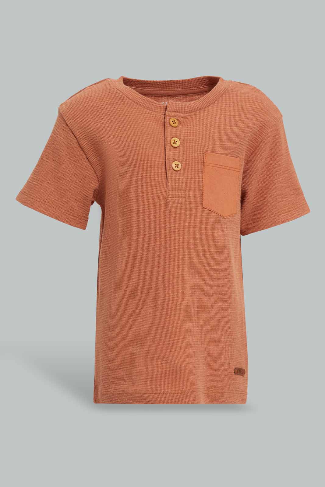 Redtag-Rust-Jacquard-Short-Slv-Henley-T-Shirt-Category:T-Shirts,-Colour:Orange,-Deals:New-In,-Filter:Infant-Boys-(3-to-24-Mths),-INB-T-Shirts,-New-In-INB,-Non-Sale,-Section:Boys-(0-to-14Yrs),-W22O-Infant-Boys-3 to 24 Months
