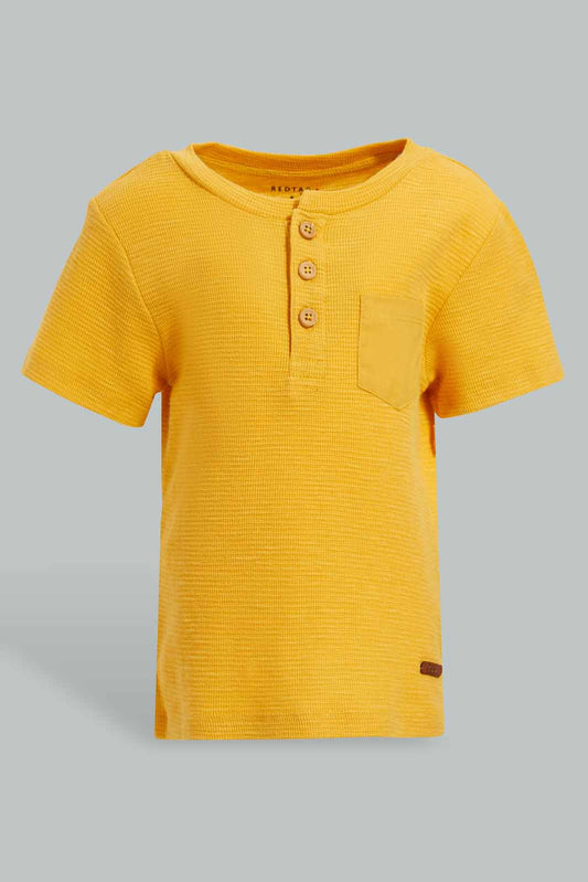 Redtag-Yoke-Yellow-Jacquard-Short-Slv-Henley-T-Shirt-Category:T-Shirts,-Colour:Yellow,-Deals:New-In,-Filter:Infant-Boys-(3-to-24-Mths),-INB-T-Shirts,-New-In-INB-APL,-Non-Sale,-Section:Boys-(0-to-14Yrs),-W22O-Infant-Boys-