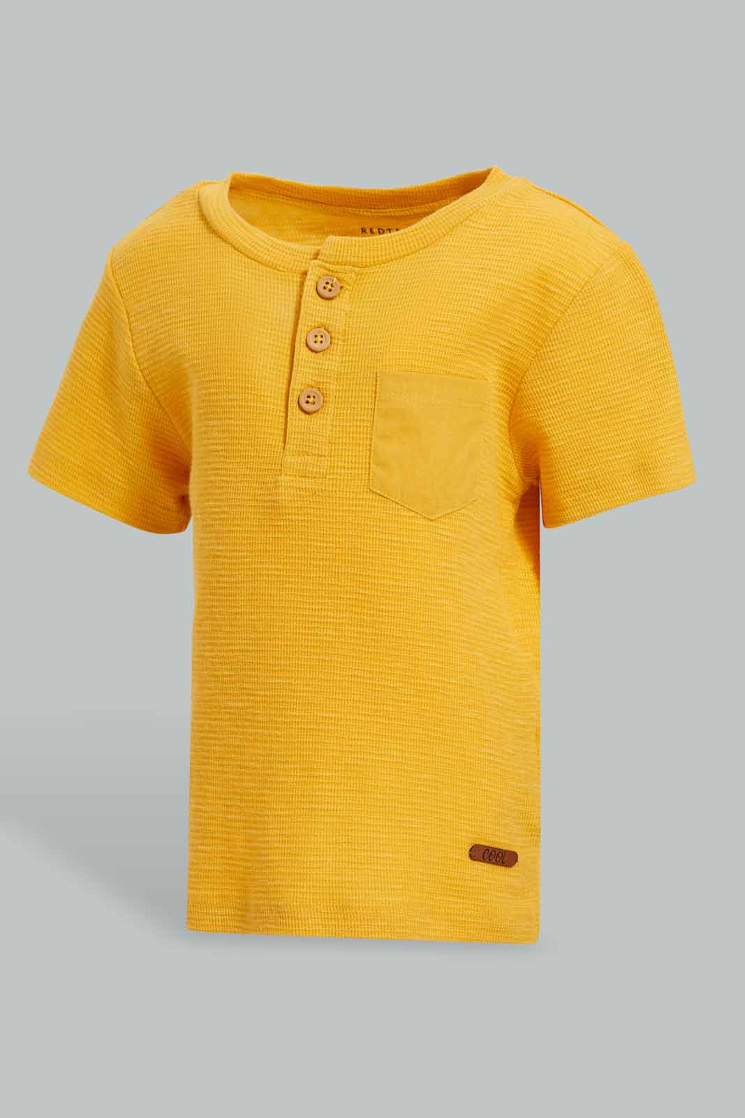 Redtag-Yoke-Yellow-Jacquard-Short-Slv-Henley-T-Shirt-Category:T-Shirts,-Colour:Yellow,-Deals:New-In,-Filter:Infant-Boys-(3-to-24-Mths),-INB-T-Shirts,-New-In-INB-APL,-Non-Sale,-Section:Boys-(0-to-14Yrs),-W22O-Infant-Boys-
