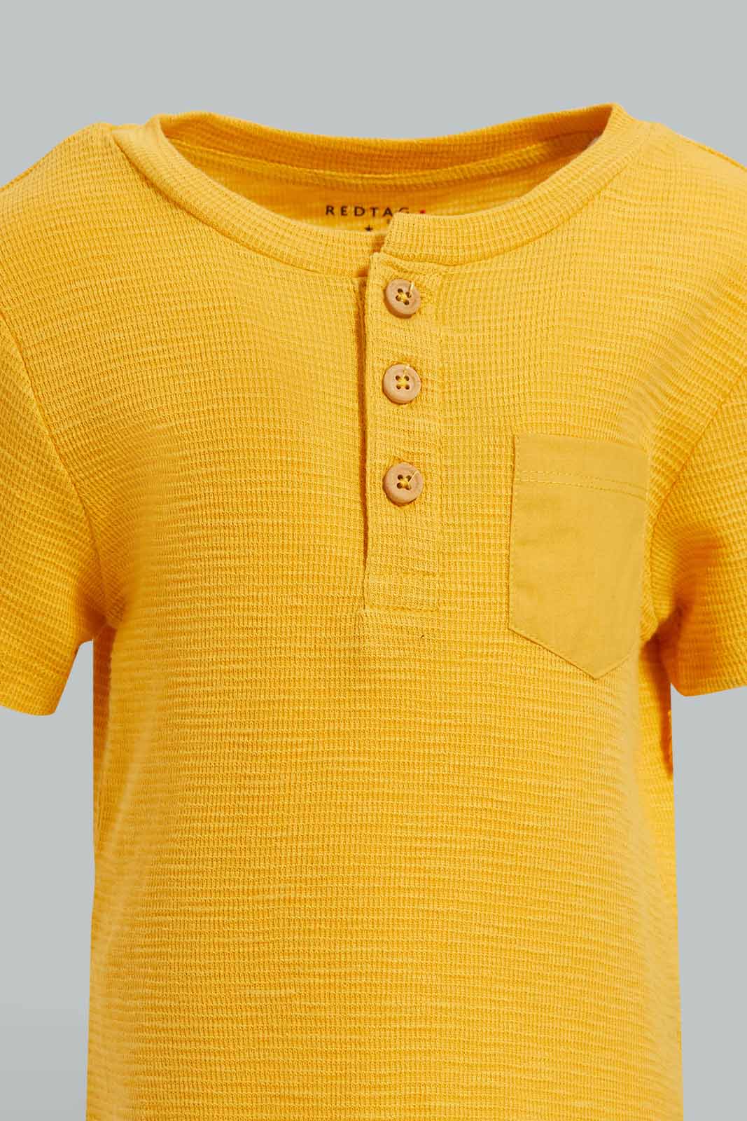 Redtag-Yoke-Yellow-Jacquard-Short-Slv-Henley-T-Shirt-Category:T-Shirts,-Colour:Yellow,-Deals:New-In,-Filter:Infant-Boys-(3-to-24-Mths),-INB-T-Shirts,-New-In-INB-APL,-Non-Sale,-Section:Boys-(0-to-14Yrs),-W22O-Infant-Boys-