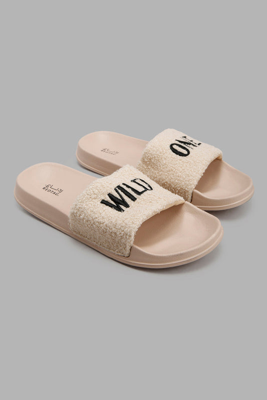 Redtag-Beige-Sherpa-Slogan-Slide-Category:Flip-Flops,-Colour:Beige,-Deals:New-In,-Filter:Women's-Footwear,-New-In-Women-FOO,-Non-Sale,-Section:Women,-W22A,-Women-Flip-Flops-Women's-