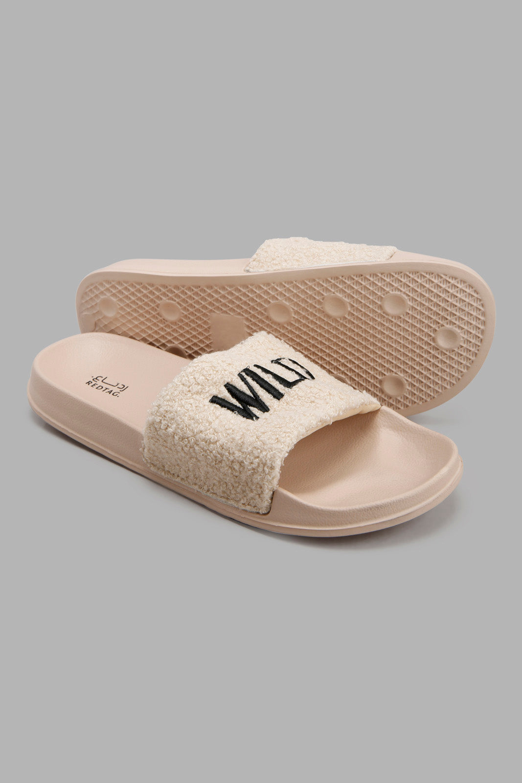Redtag-Beige-Sherpa-Slogan-Slide-Category:Flip-Flops,-Colour:Beige,-Deals:New-In,-Filter:Women's-Footwear,-New-In-Women-FOO,-Non-Sale,-Section:Women,-W22A,-Women-Flip-Flops-Women's-