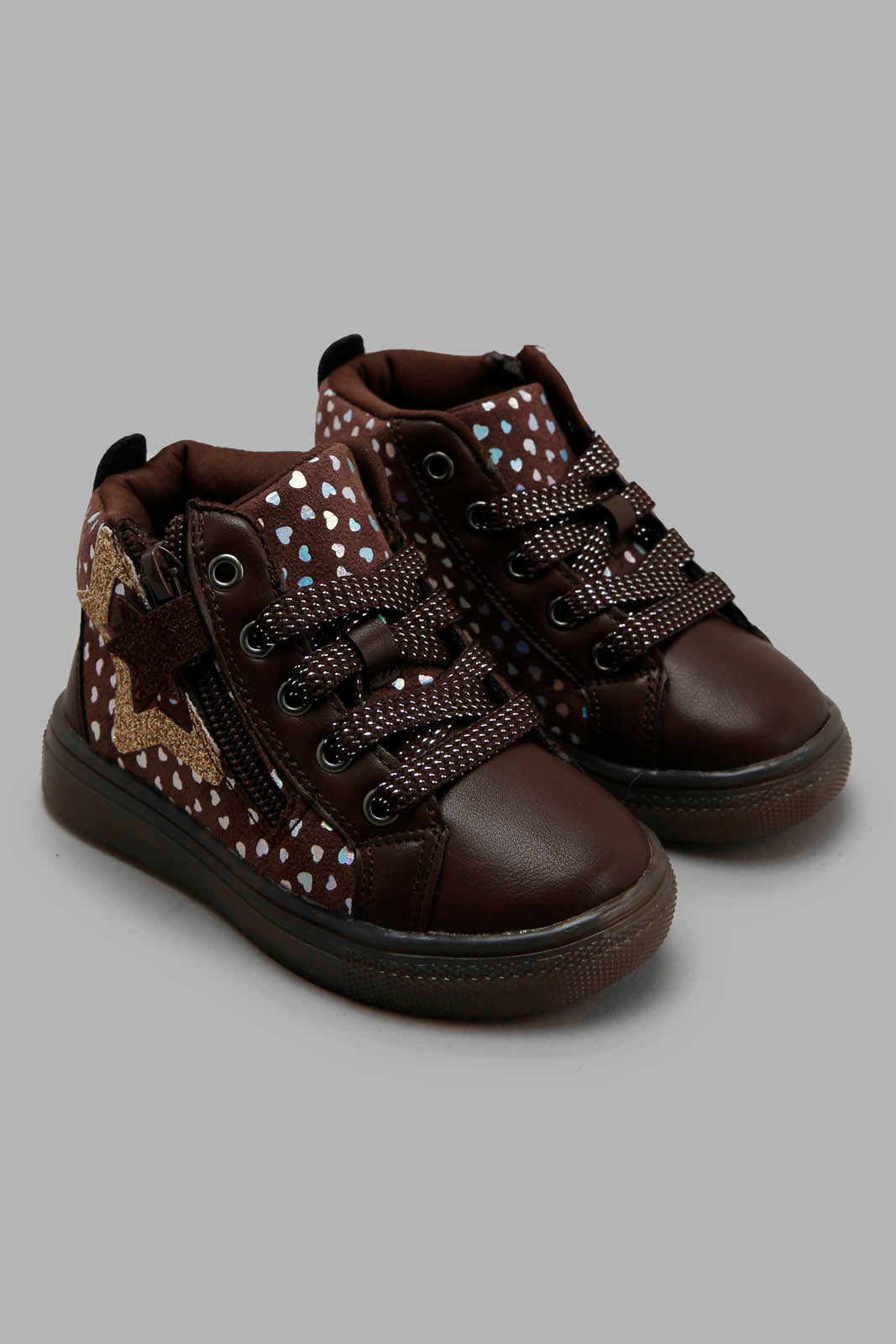 Redtag-Brown-Star-Trim-High-Top-Sneaker-Category:Shoes,-Colour:Brown,-Deals:New-In,-Filter:Girls-Footwear-(1-to-3-Yrs),-ING-Shoes,-New-In-ING-FOO,-Non-Sale,-Section:Girls-(0-to-14Yrs),-W22B-Infant-Girls-1 to 3 Years