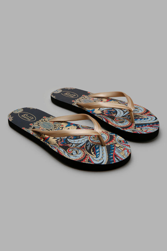 Redtag-Gold-Paisley-Print-Flip-Flop-Category:Flip-Flops,-Colour:Gold,-Deals:New-In,-Filter:Women's-Footwear,-New-In-Women-FOO,-Non-Sale,-Section:Women,-W22A,-Women-Flip-Flops-Women's-
