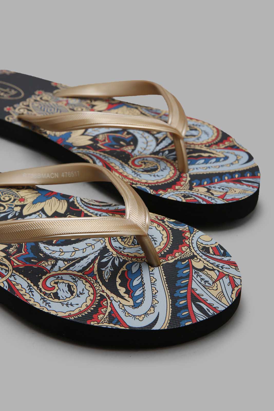 Redtag-Gold-Paisley-Print-Flip-Flop-Category:Flip-Flops,-Colour:Gold,-Deals:New-In,-Filter:Women's-Footwear,-New-In-Women-FOO,-Non-Sale,-Section:Women,-W22A,-Women-Flip-Flops-Women's-