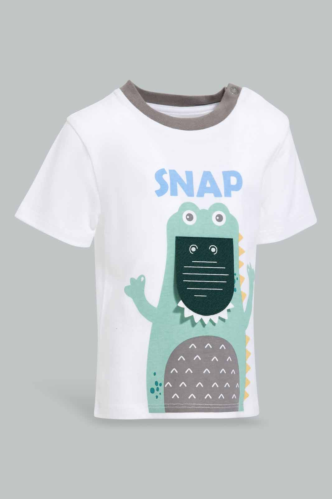 Redtag-White-Croc-Snap-Short-Slv-Tshirt-Category:T-Shirts,-Colour:White,-Deals:New-In,-Filter:Infant-Boys-(3-to-24-Mths),-INB-T-Shirts,-New-In-INB-APL,-Non-Sale,-Section:Boys-(0-to-14Yrs),-W22O-Infant-Boys-3 to 24 Months