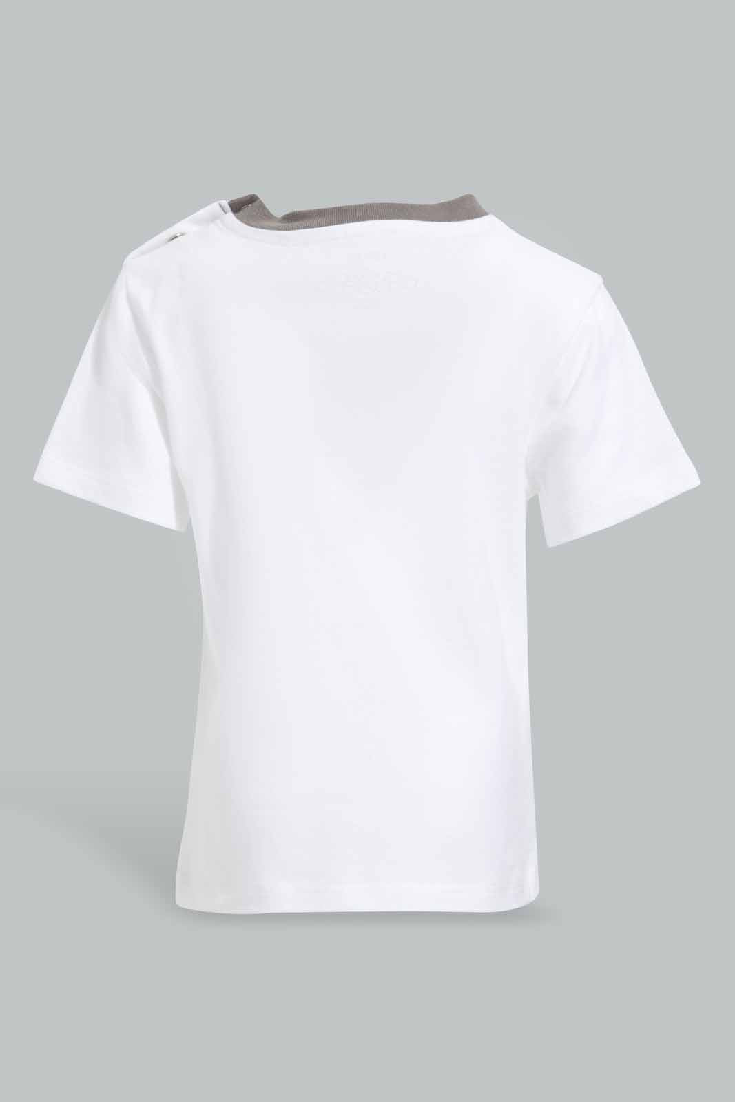 Redtag-White-Croc-Snap-Short-Slv-Tshirt-Category:T-Shirts,-Colour:White,-Deals:New-In,-Filter:Infant-Boys-(3-to-24-Mths),-INB-T-Shirts,-New-In-INB-APL,-Non-Sale,-Section:Boys-(0-to-14Yrs),-W22O-Infant-Boys-3 to 24 Months